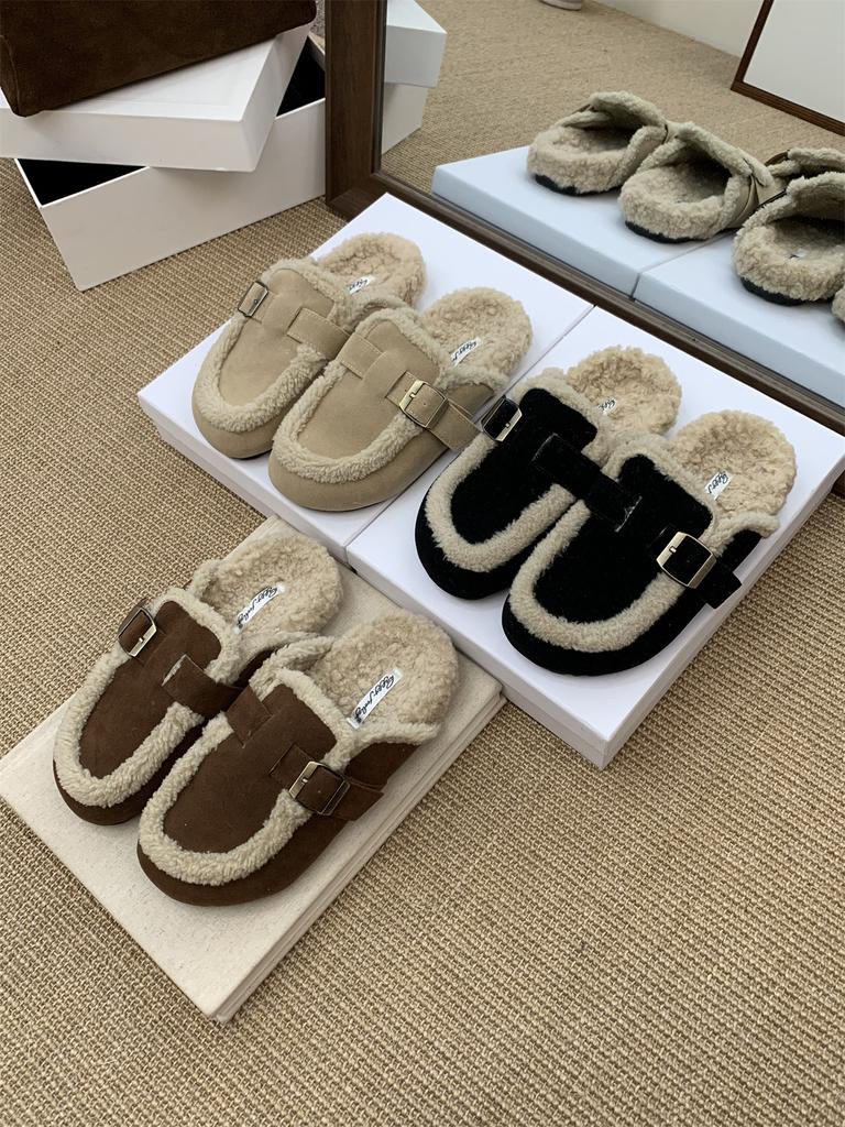 Flache Plateau Baumwollpantoffeln Damen Pelz Pantoletten Schuhe 2025 Winter Neu Plüsch Warme Pantoletten Trend Weiches Leder Gemütliche Freizeitschuhe