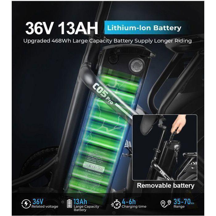 Samebike C05 Pro - Vélo électrique 20" Gros Pneus - Moteur 500W - Batterie 36V/13Ah - Autonomie 100km - Shimano 7 Vitesses, Blanc