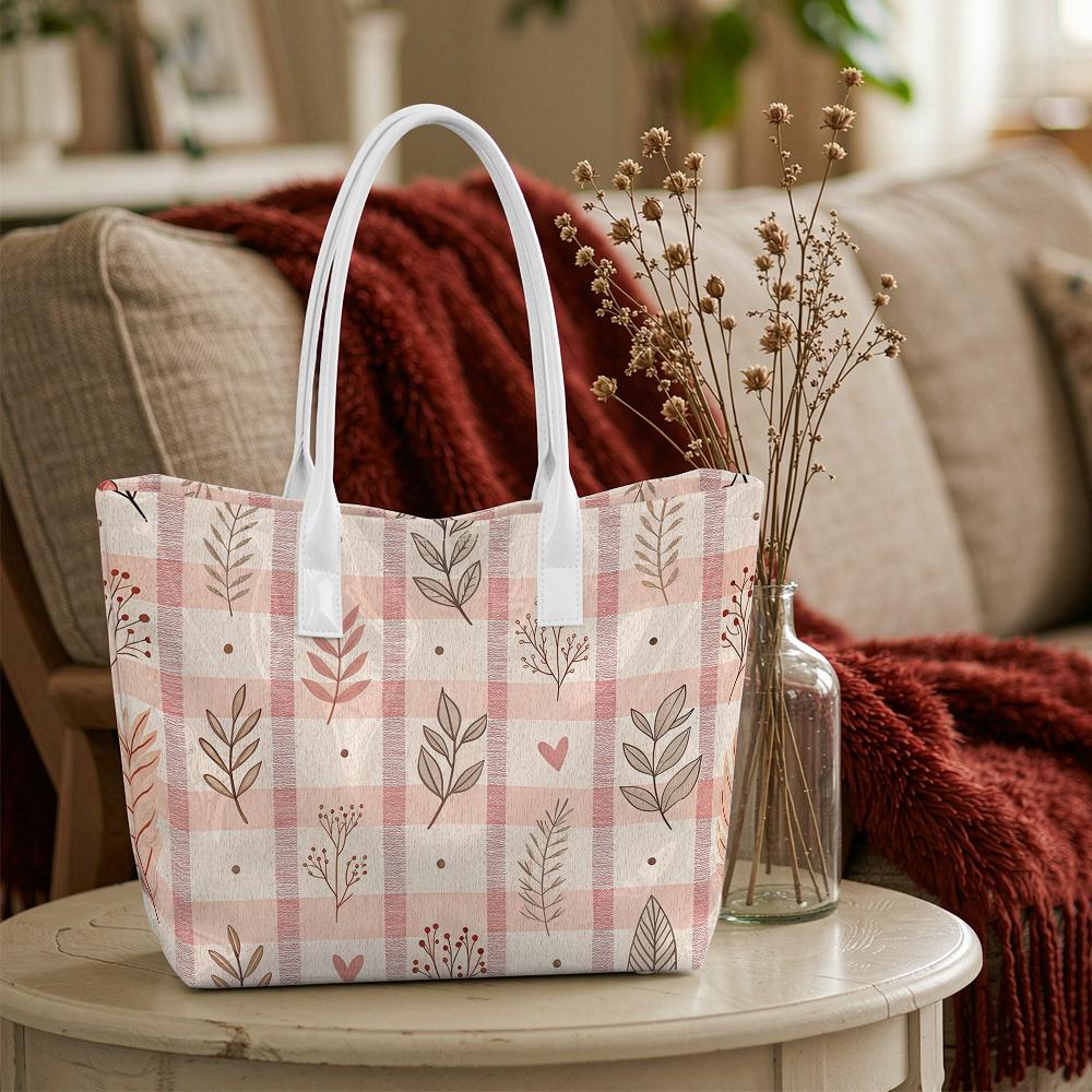 Women Tote Bag Sweet Plaid Leaf Printed Casual Large Capacity Daily Shoulder Bag for Outdoor Shopping Commute