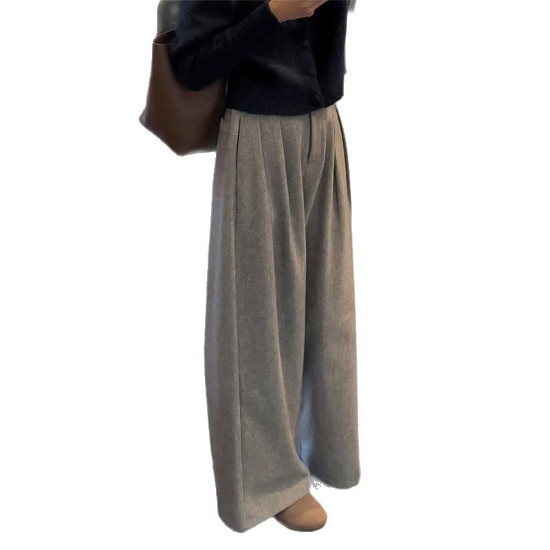 Korean Style Wide-Leg Pleated Wool Pants, Winter 2025 Versatile Women's Plus Velvet Straight Casual Trousers