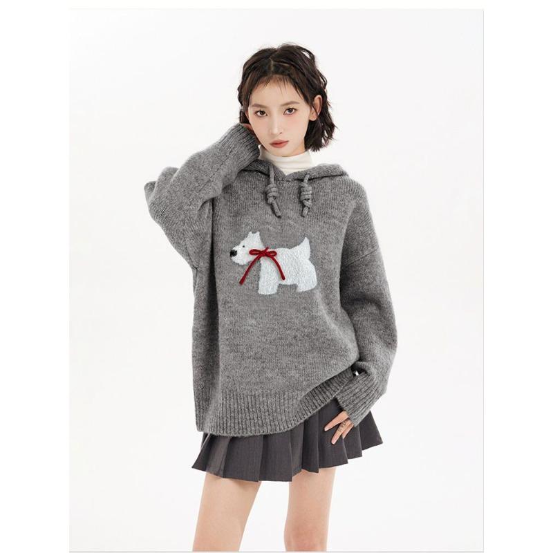 Grey Puppy Pullover Hooded Knitwear Women's Autumn New Thickened Retro Lazy Style Loose Sweater