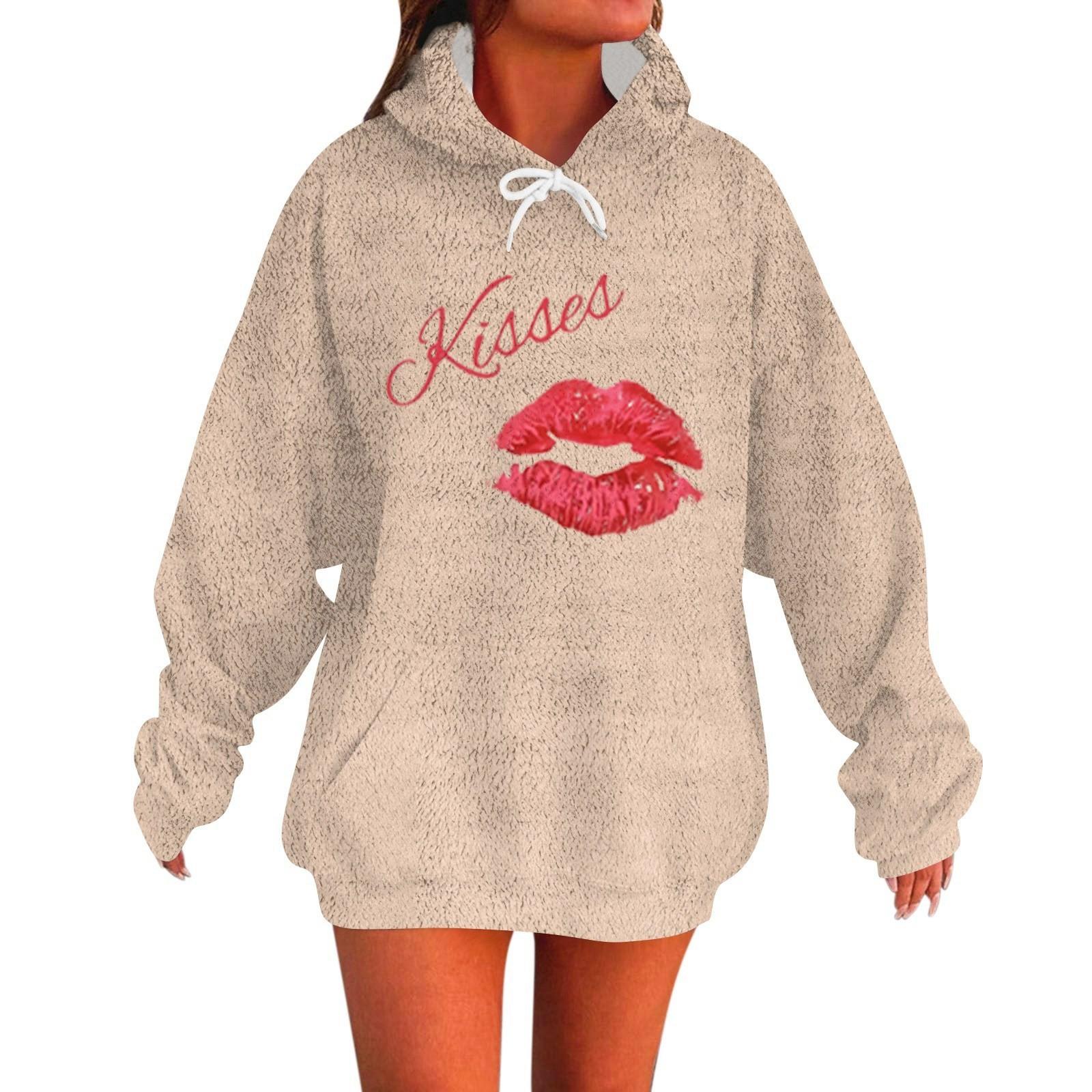 KISSES Женская мода Повседневный свитер с длинными рукавами и капюшоном с принтом ко Дню святого Валентина L бежевый 2149₽