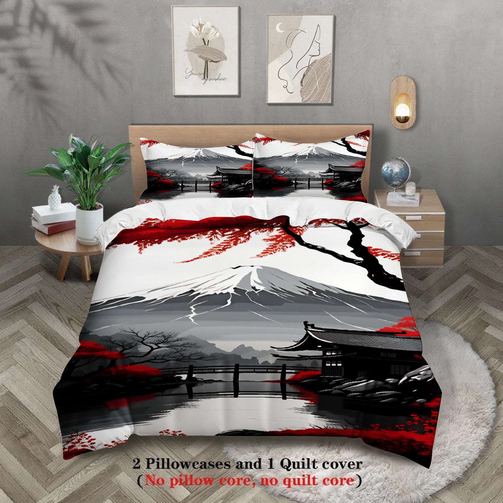 Grosstor Unisex Red 3Pcs Japanese Landscape Bedding Sets 3D Printed Mount Fuji And Maple Duvet Cover Sets With Pillowcases No Filling