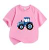 Kids Boys Girls 100% Cotton Crew Neck Short Sleeve T-Shirt, Cute Blue Cartoon Tractor Print Casual Summer Tee Tops for Children Daily Wear