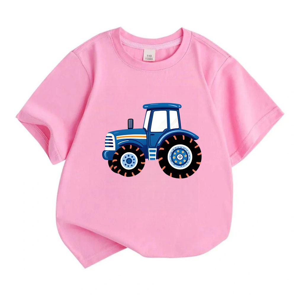 Kids Boys Girls 100% Cotton Crew Neck Short Sleeve T-Shirt, Cute Blue Cartoon Tractor Print Casual Summer Tee Tops for Children Daily Wear