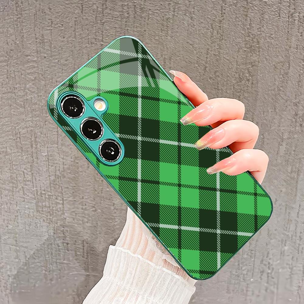 Checkered pattern PhoneCase Glass PhoneCase for Samsung Galaxy S26 S25 S24 S23 S22 FE Ultra Plus Built-in glass green Exquisite