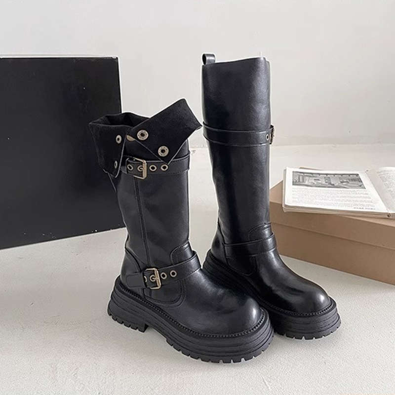 

Belt buckle boots women s autumn and winter new retro Maillard heightening British platform knight boots 35