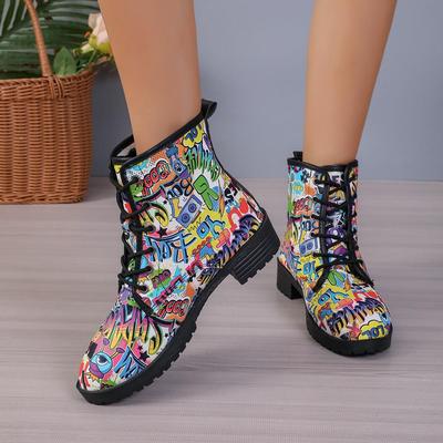 European and American Cross-Border Martin Boots for Women: Autumn/Winter Graffiti 3D Printing Work Boots.