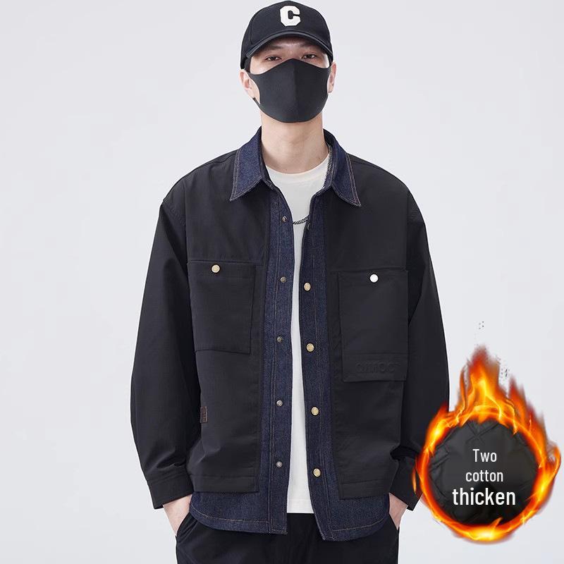 Men's Designer-Style Faux Two-Piece Jacket, Spring/Autumn 2025, Loose Casual Workwear, Trendy Cotton Outerwear.