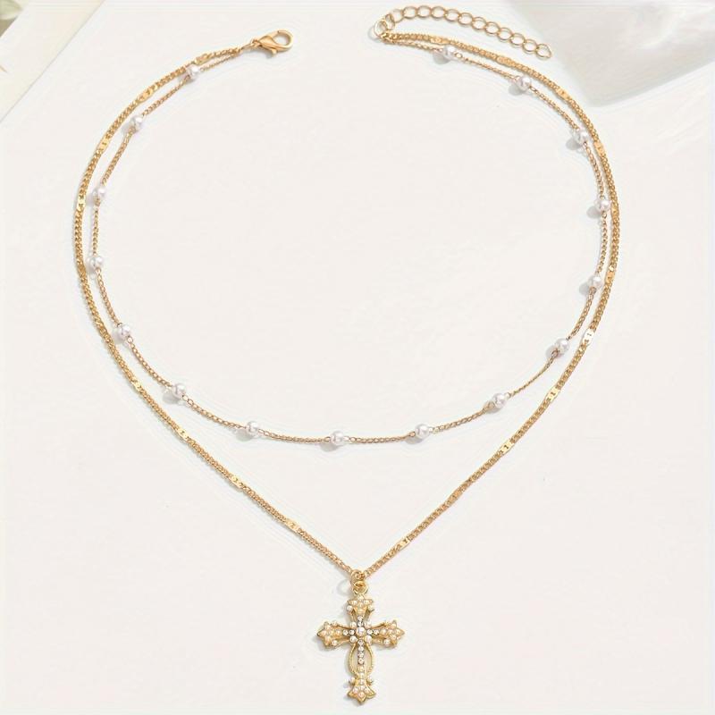 1 szt. Naszyjnik z warstwowym krzyżykiem dla kobiet Podwójny łańcuszek Minimalistyczna biżuteria z koralików Regulowany delikatny łańcuszek O-link Złoty Srebrny Stop Casualowy Elegancki