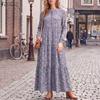 ZANZEA Herbst Frühling Damen Vintage Langarm Blumendruck Lässig A-Linie Dünn Maxikleid