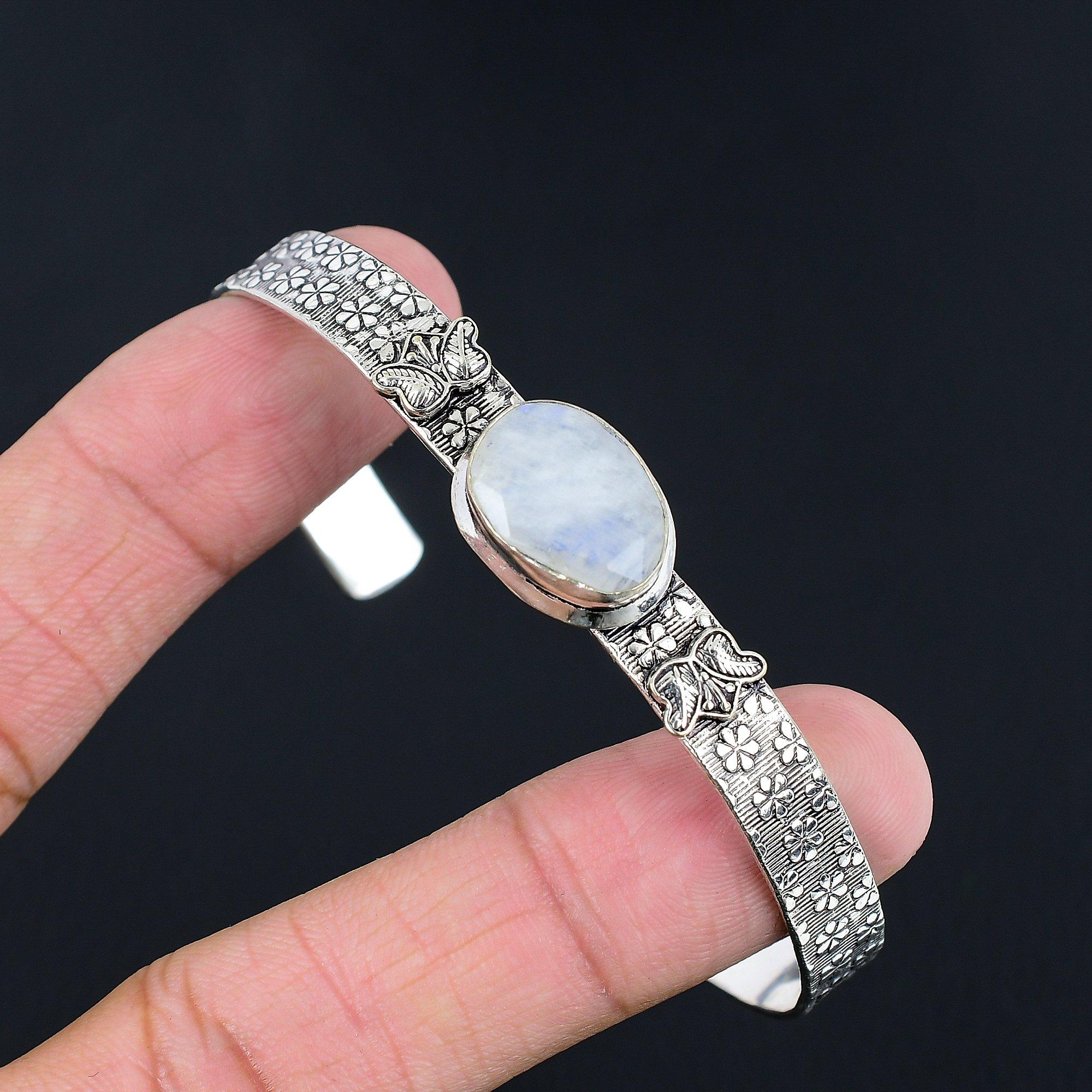 

Natural Rainbow Moonstone Gemstone Bangle Adjustable 925 Silver For Women Adjustable