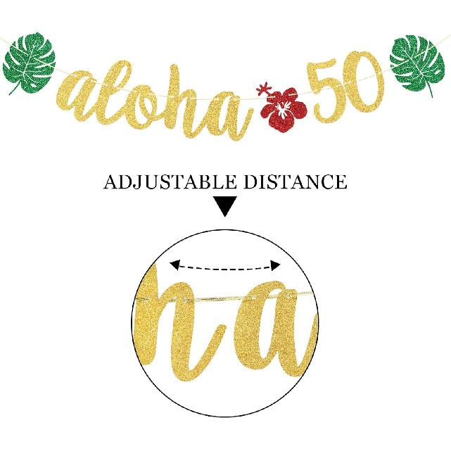 Aloha 50 Banner, Hawaiian 50th Birthday Decorations, Aloha Party Decorations, Tropical Luau Birthday Party Decorations, Palm Leaf Decorations Gold