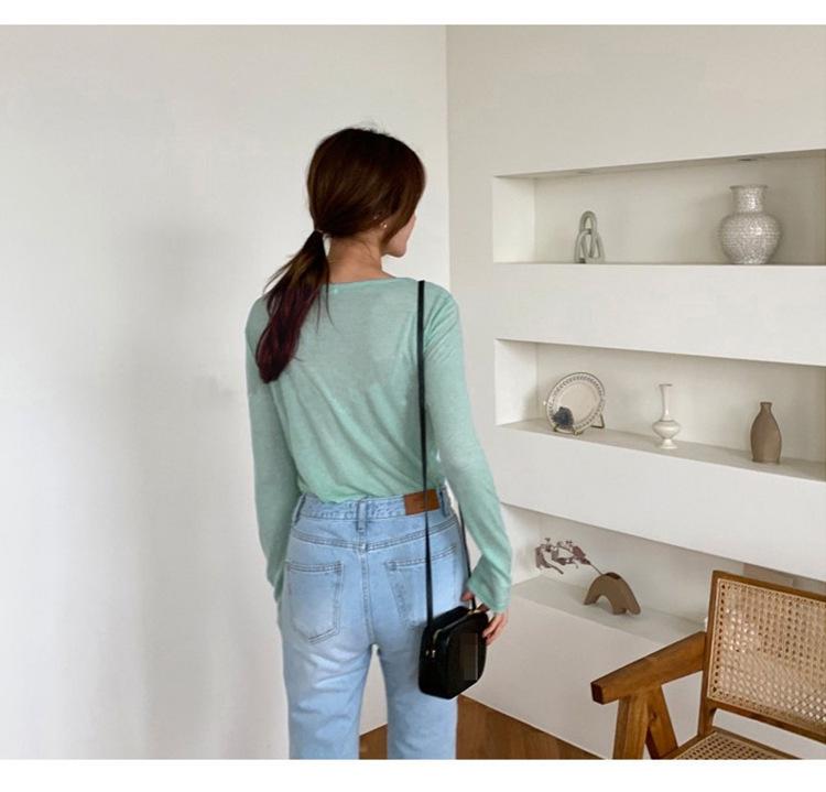 Women's Refreshing Mint Green Sheer Long-Sleeve Round Neck T-Shirt with Same-Day Shipping