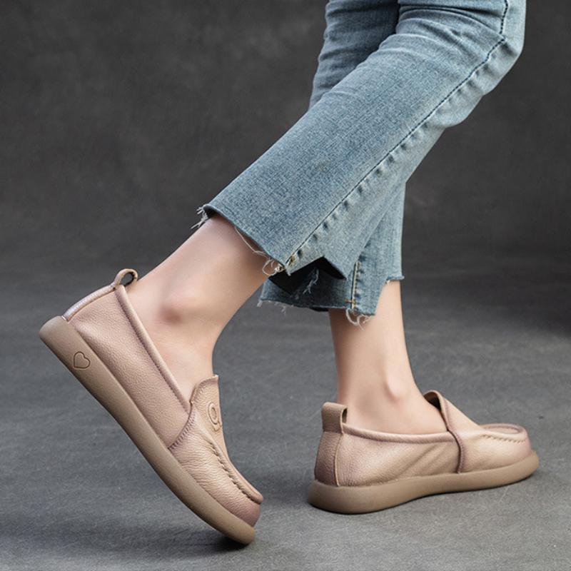 Retro Versatile Women's Shoes Genuine Leather Loafers Round Toe Soft Sole Casual Slip-on Flat Shoes
