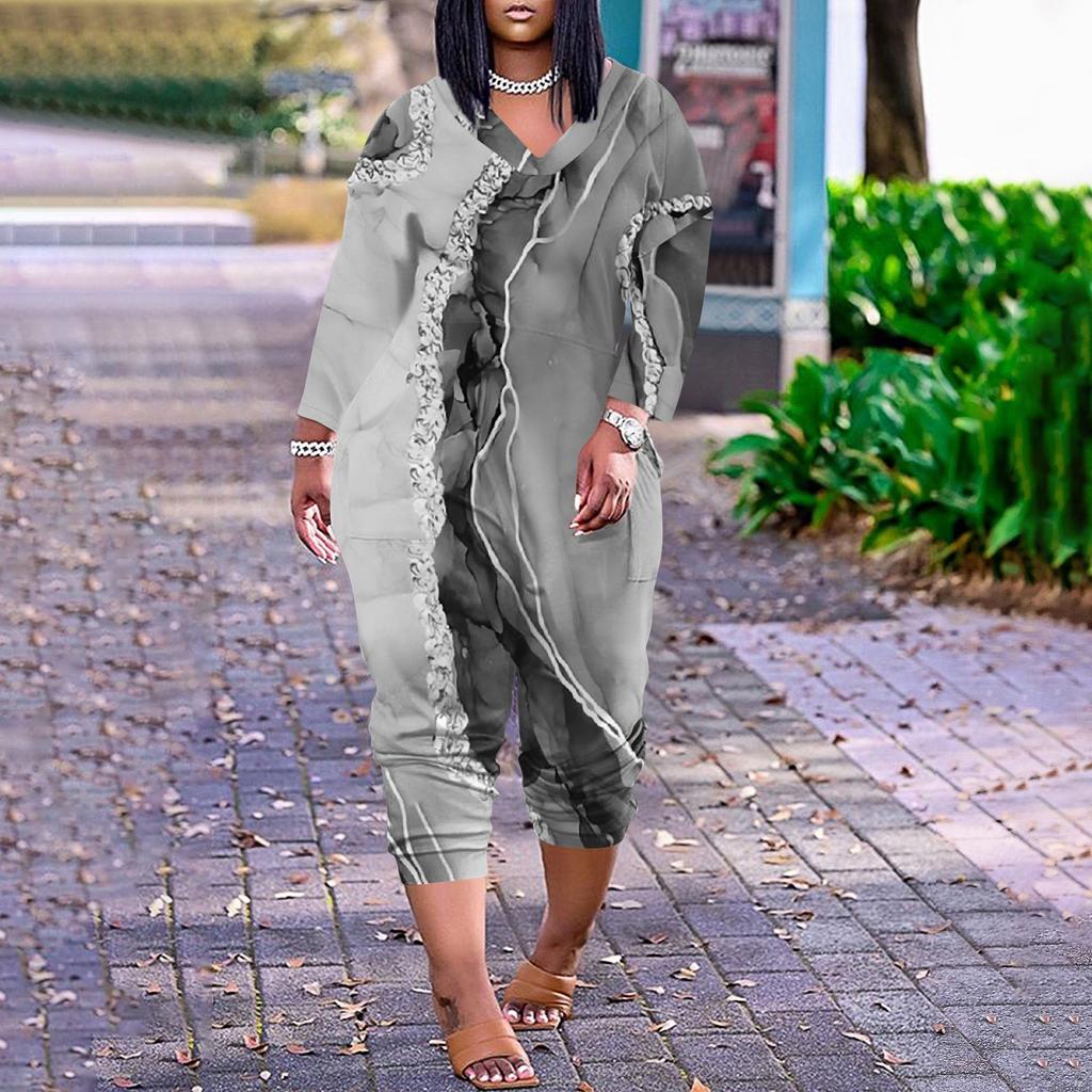 Lockerer, lässiger Jumpsuit mit V-Ausschnitt und langen Ärmeln für Damen in großen Größen