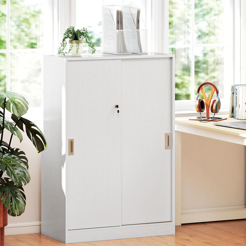 Office Cabinet 2 Lockable Sliding Doors Dim 80L X 40W X 120H Cm 2 Shelves In White Wood