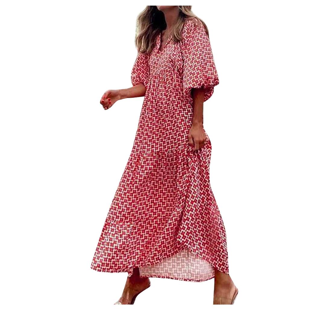 Women Floral Print Bohemian Long Dress Loose V-Neck Fashion Summer Beach Dress