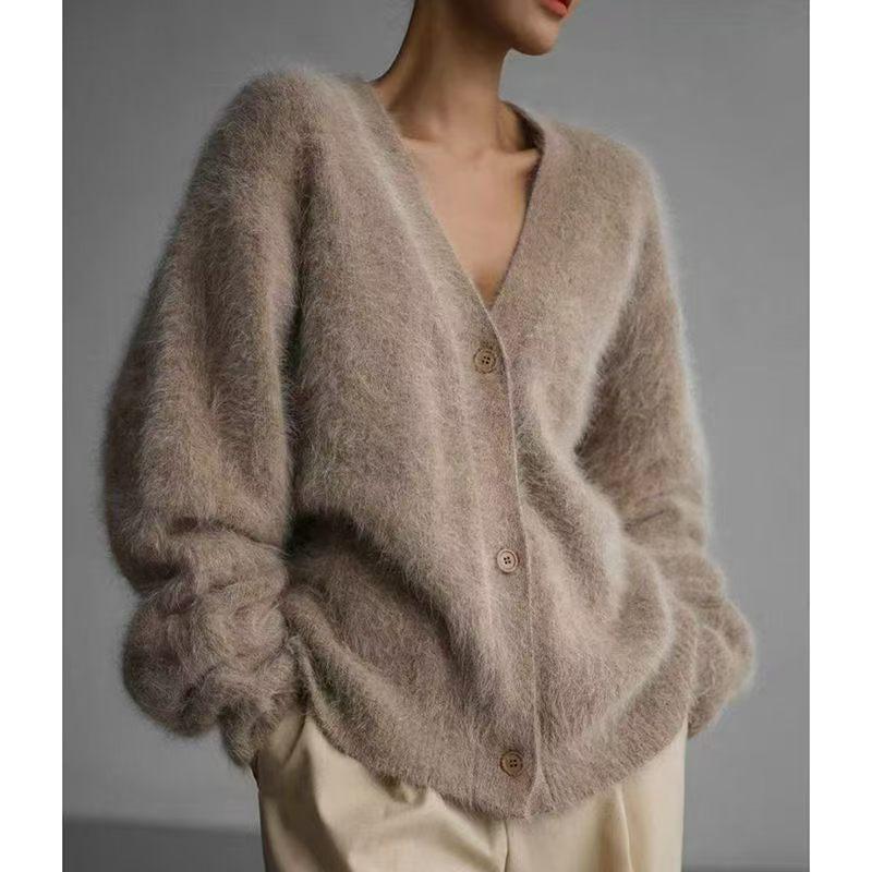 Autumn and winter mink V-neck women's knitted sweater new loose solid color cardigan women's coat