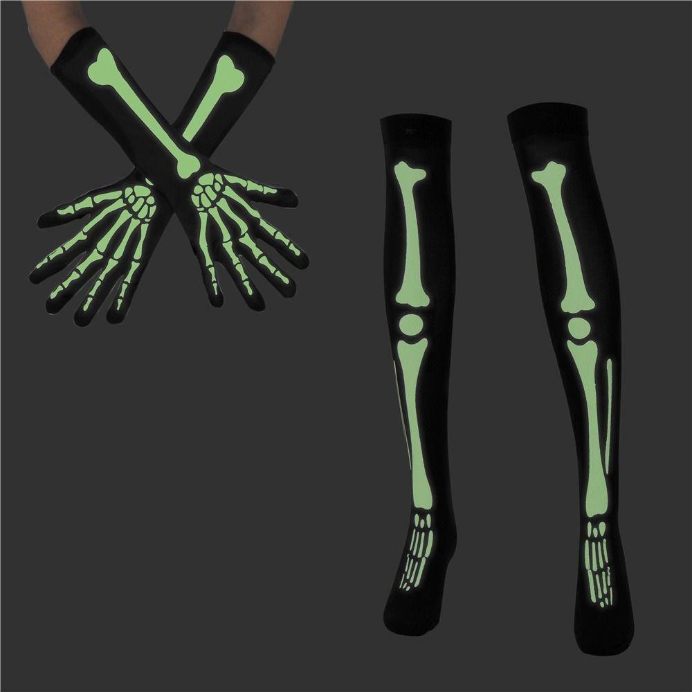 Polyester Skeleton Long Socks Fluorescent Halloween Luminous Set Funny Skeleton Gloves  Men