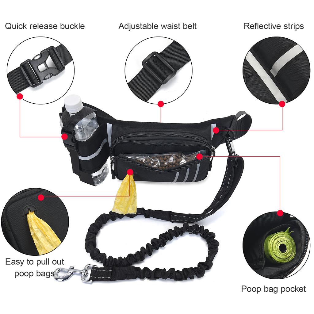 Hands Free Dog Leash Waist Bag Reflective Waist Pouch with Retractable Bungees Poop Bag Dispenser
