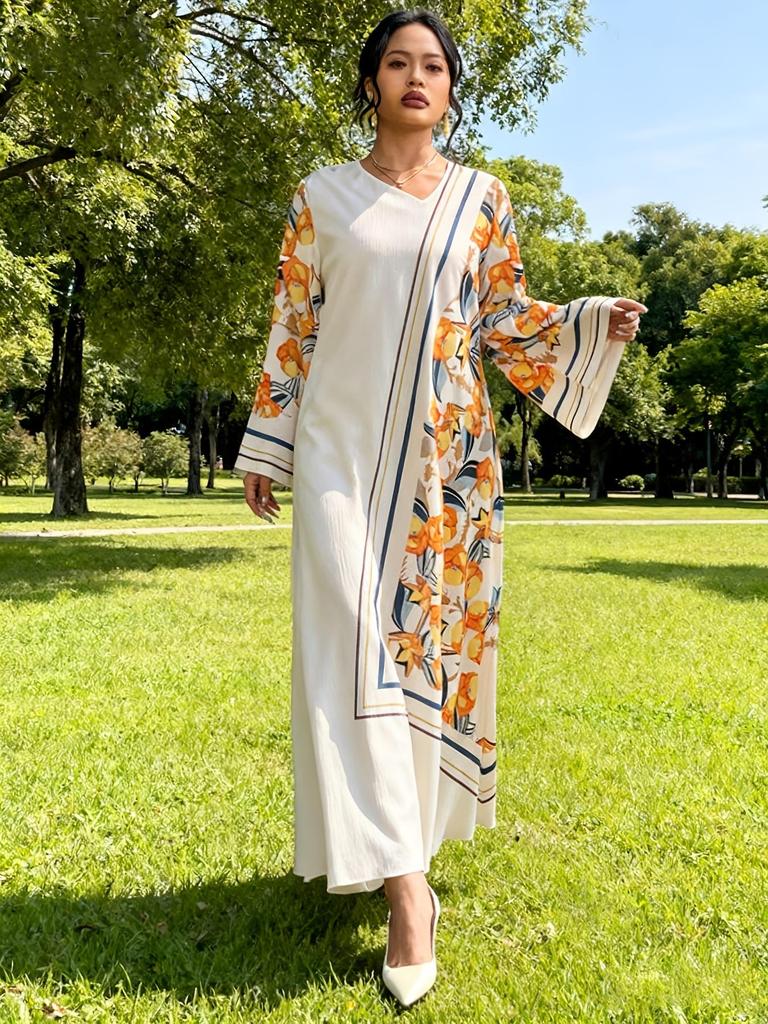 Plus Size Women's Printed Long Sleeve V-Neck Holiday Dress – European & American Style