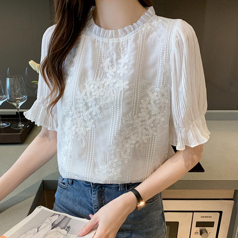 Sommer Frauen Tops Kurzarm Weiß Spitze Chiffon Hemd Mode Neue 2022 Süße Oansatz Bluse Frauen Kleidung J147