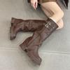 Cowhide Version~ Autumn and Winter Retro Belt Buckle Women's Boots Long Tube Thick Heel Sleeve Fashion Boots Thick-soled Trouser Tube Boots Long Bo