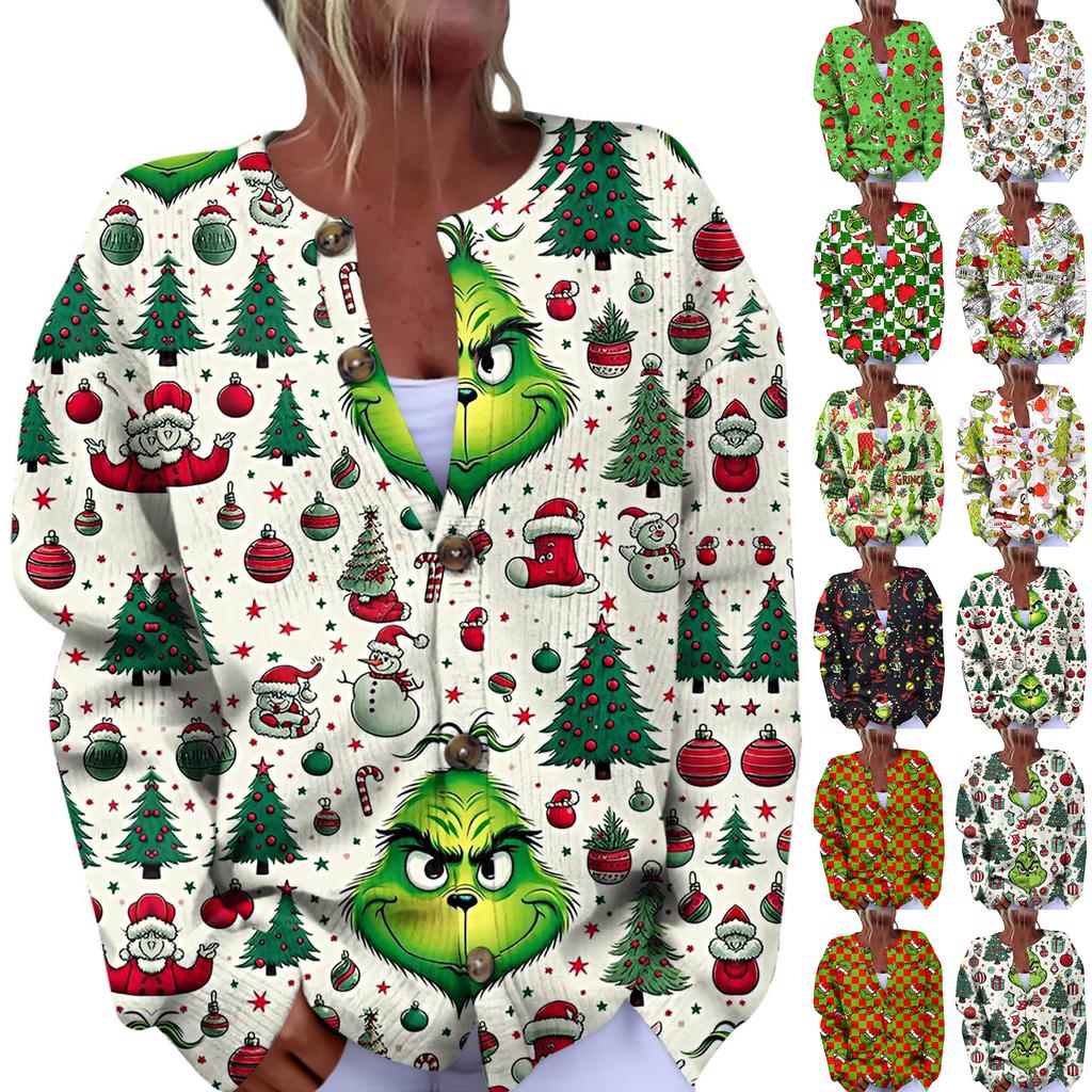 Women's Fashion Christmas Printed Long Sleeve Knitted Cardigan Button Down Jacket