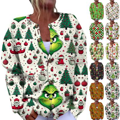 Kadın Modası Noel Baskılı Uzun Kollu Örme Hırka Düğmeli Ceket