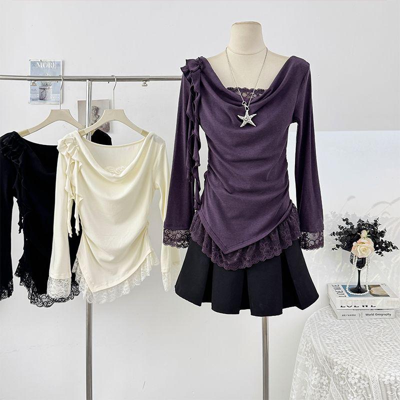 Velvet Lace Swing Collar Slim Fit Women's Long Sleeve Irregular Top