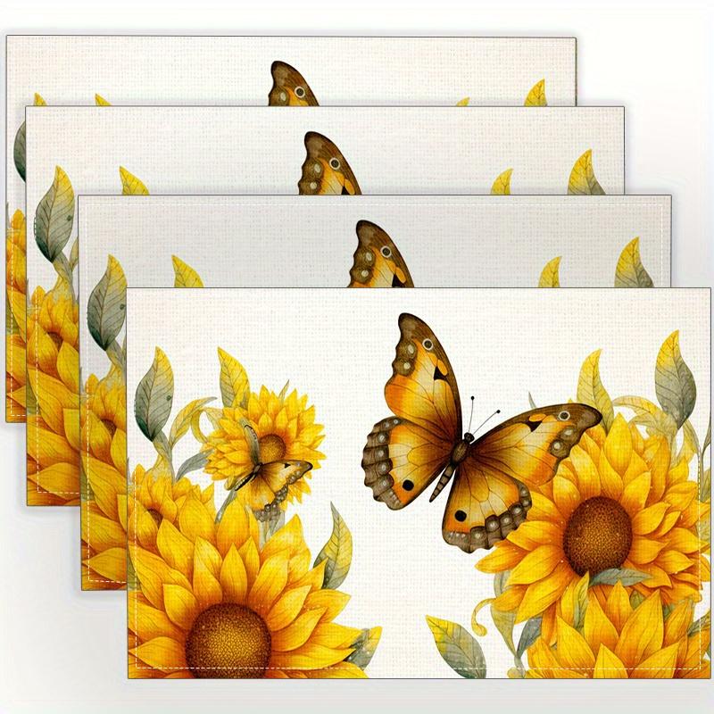 4pcs / 6pcs Stylish And Creative Sunflower Butterfly Printed Placemats, Made of Linen with Personalized Designs, Heat-Resistant Kitchen Tableware 4pcs