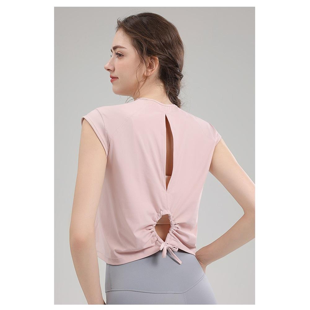 New Yoga Short Sleeved Women's Hollow Back Sports T-shirt With Drawstring, Wrinkle, Breathable Outdoor Sports Running And Fitness Clothing