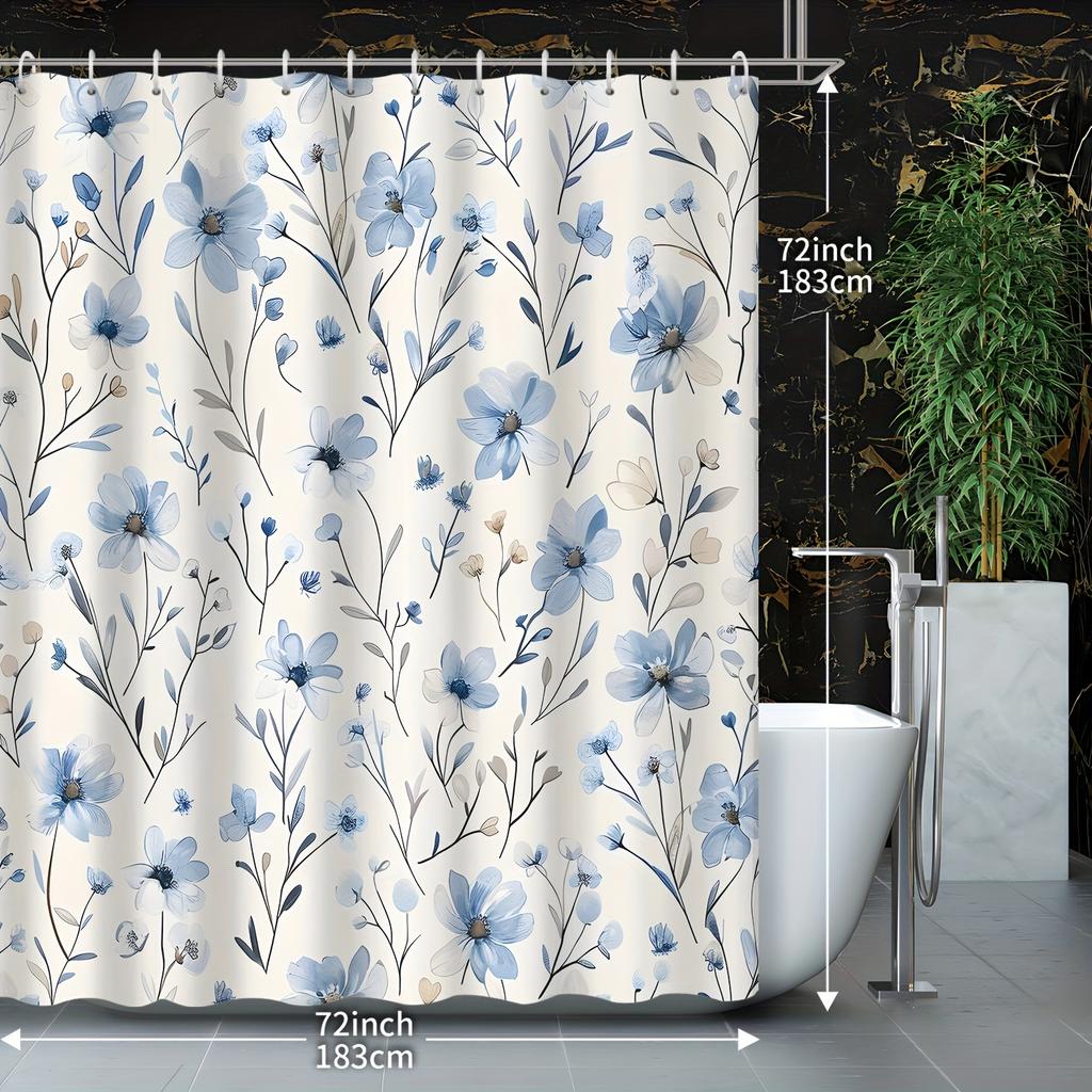 1Pc Blue Elegant Floral Botanical Small Flowers Textured Shower Curtain, Decorative Printed Shower Curtain With Hooks