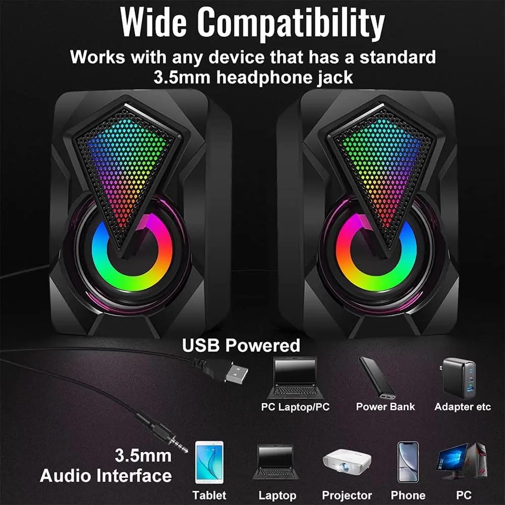 Mini Crystal Speaker with Color RGB Light Computer Speaker USB Power Supply 3.5mm Auxiliary, Suitable for Desktop Laptop Monitor