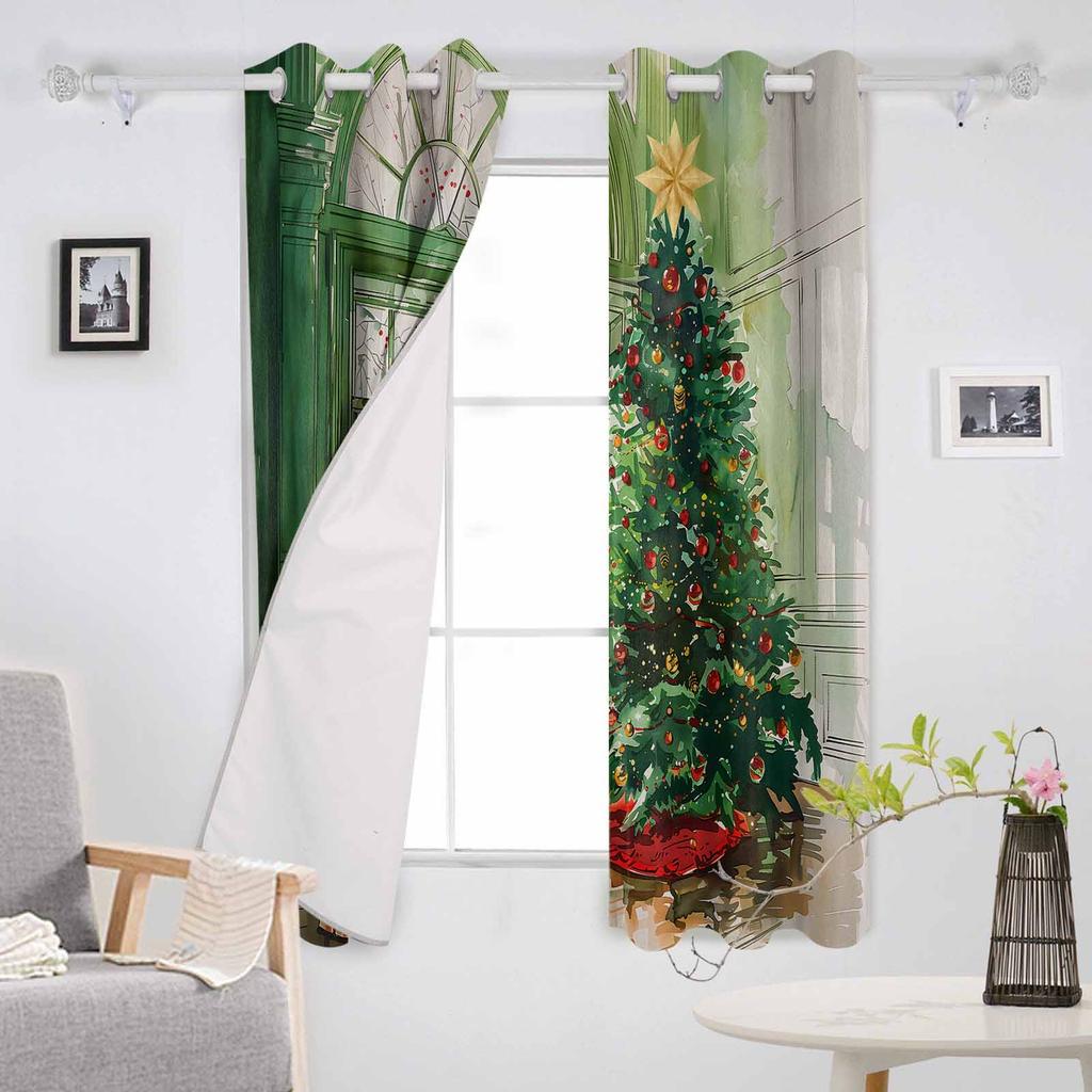Christmas Tree Watercolor Lantern Gift Window View Blackout Curtains For Living Room Bedroom Window Treatment Blinds Drapes