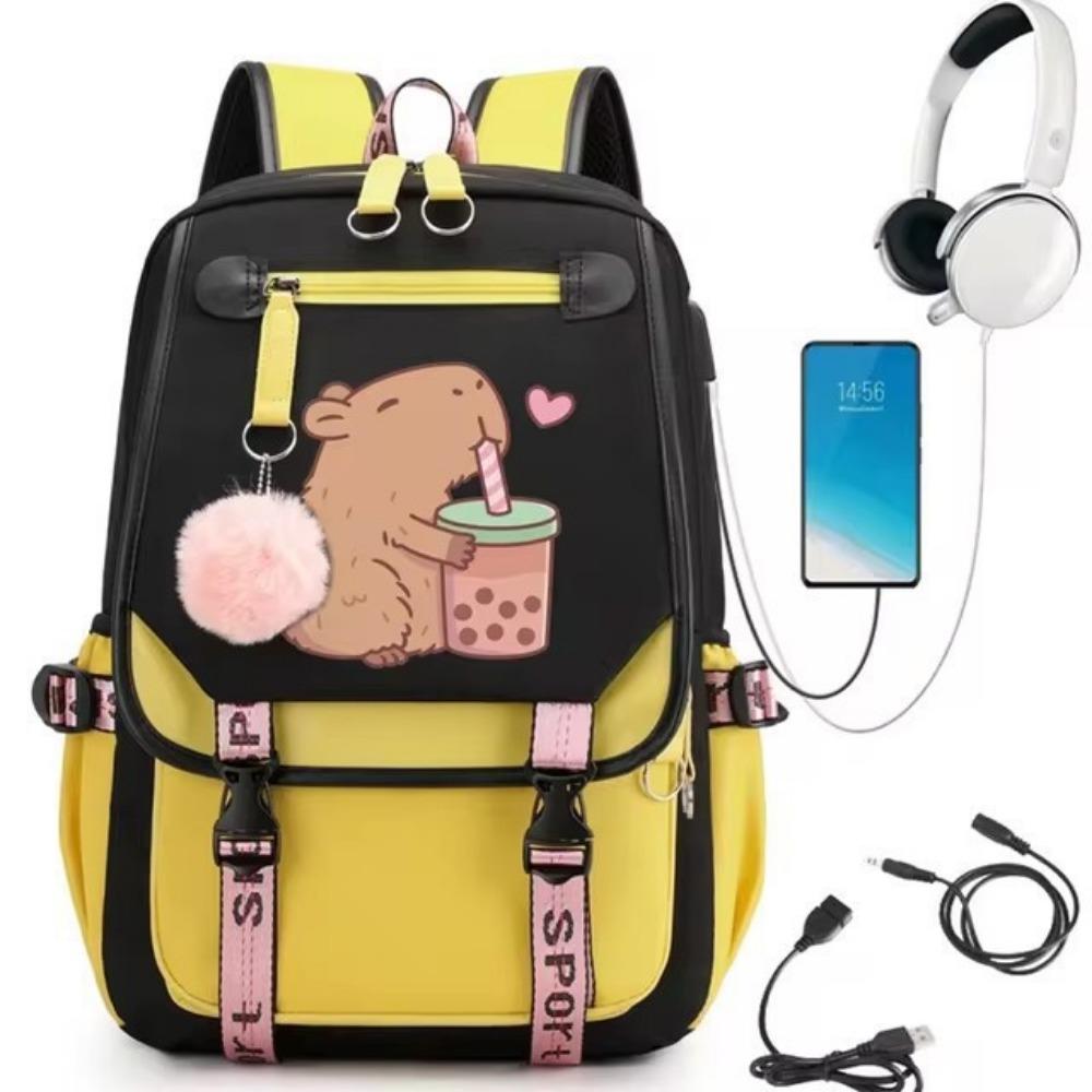 Cute Cartoon Pattern Capybara Drinking Milk Tea Printed Schoolbag Middle and High School Students High School Large Capacity Schoolbag Travel Bag