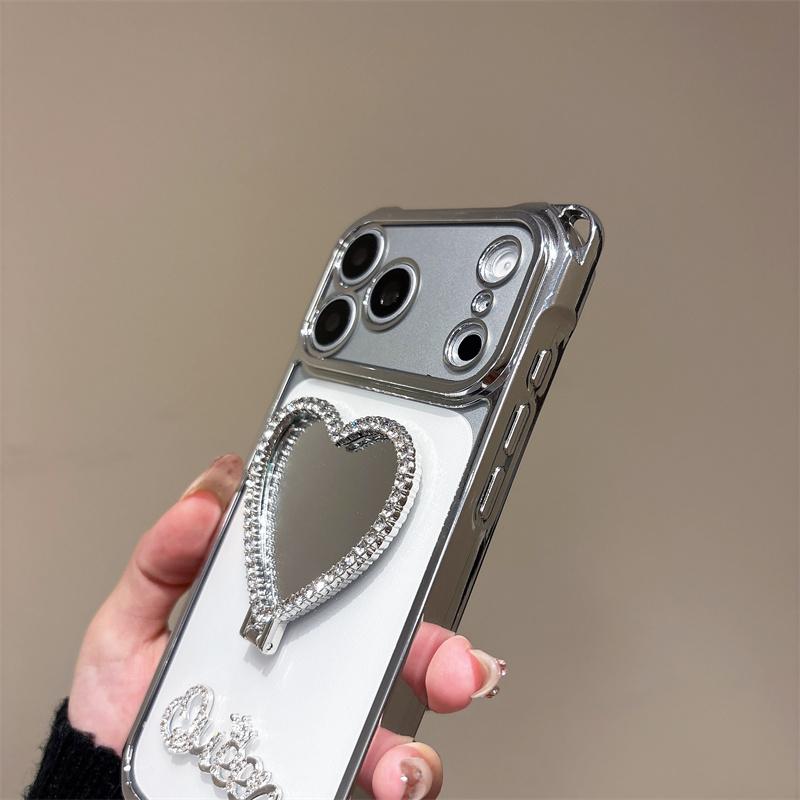 Luxurious Rhinestone Heart Mirror Kickstand Phone Case For iPhone 11 12 13 14 15 16 17 Pro Max 14 15 16 Plus 17Pro Air Y2K Cover