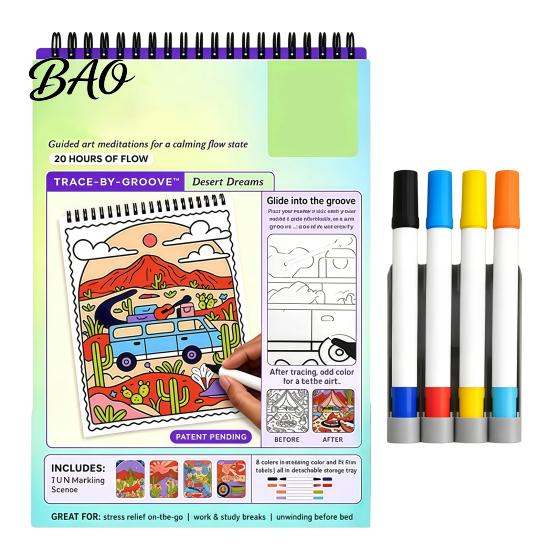 Spiral Bound Drawing Album Trace-By-Groove Guided Coloring Book, Clear Artistic Printing with 20 Decorative And Painting Set for Teens Scenes