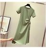 Avocado Green Summer 2021 Waist-Slimming Korean Style Drawstring T-shirt Dress for Women