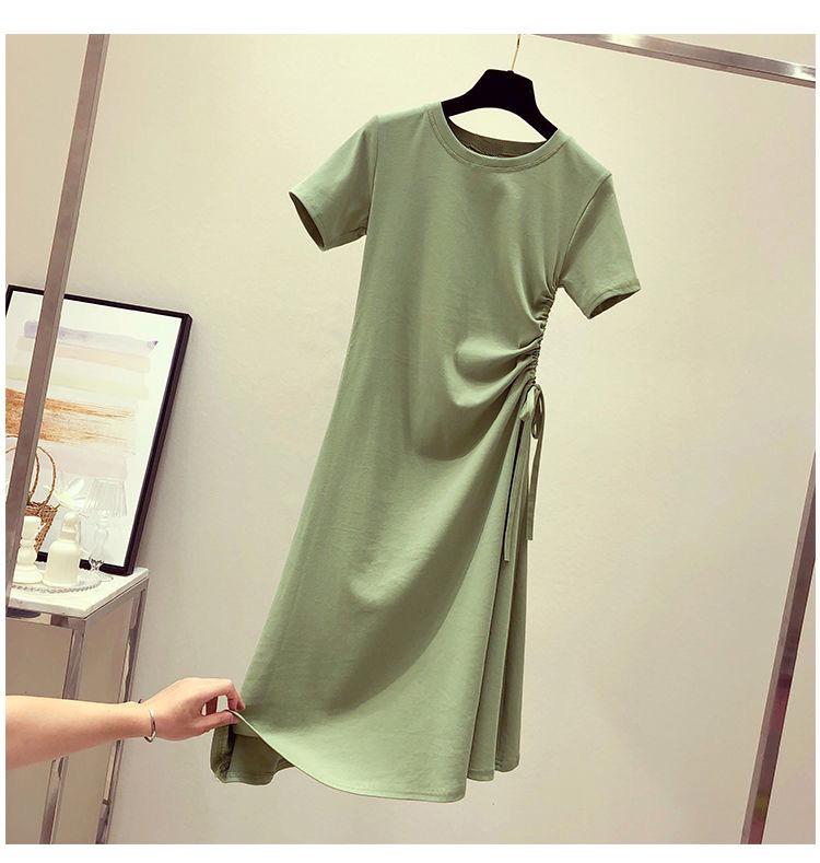 Avocado Green Summer 2021 Waist-Slimming Korean Style Drawstring T-shirt Dress for Women
