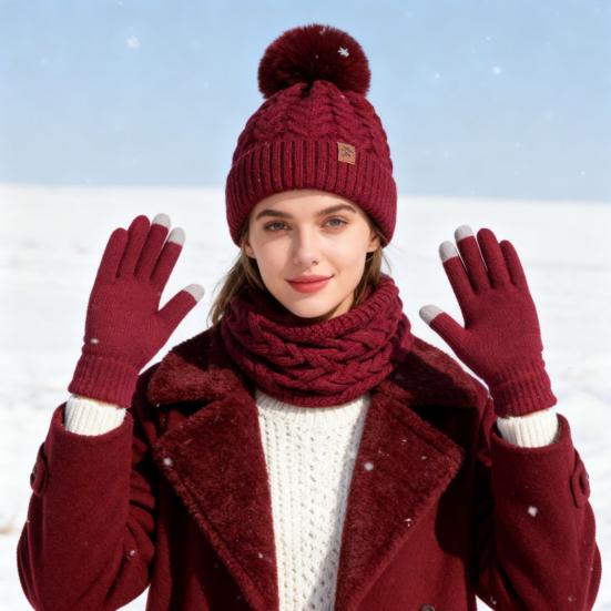3Pcs/Set Women Winter Hat Scarf Gloves Set Twist Texture Plush Ball Decor Brimless Hat Scarf Touchscreen Glove Set