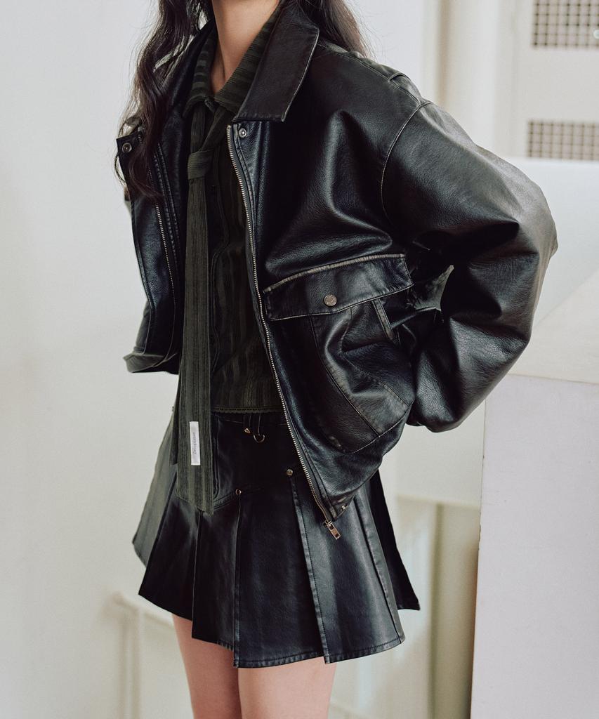 ZEROPLANET Sandy Leather Pleated Skirt [Black]