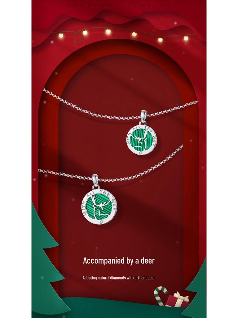 S925 Silver Couple Necklace: Deer & Diamond Pendant with Peacock Stone