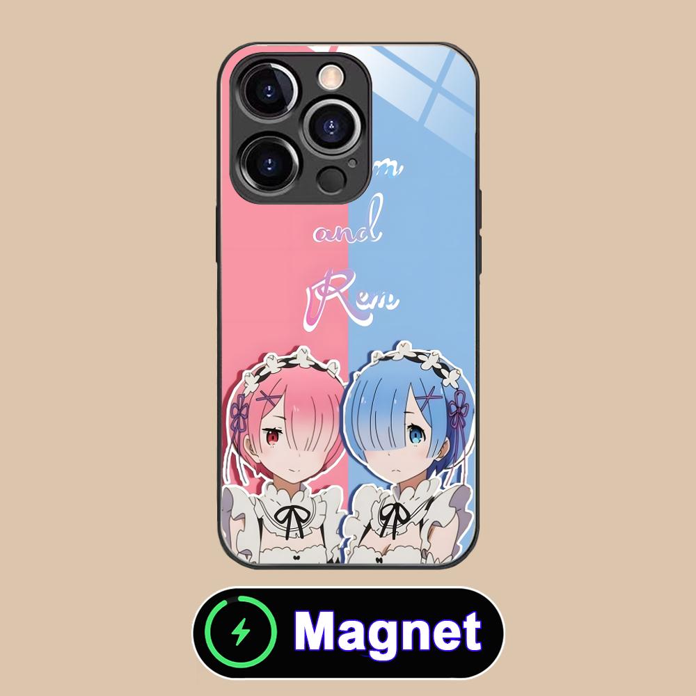 ReZero Rem Ram Glass MagSafe Mobile Phone Case for iPhone 17 16 15 14 13 12 11 Air Pro Max Plus Mini Colorful Cover
