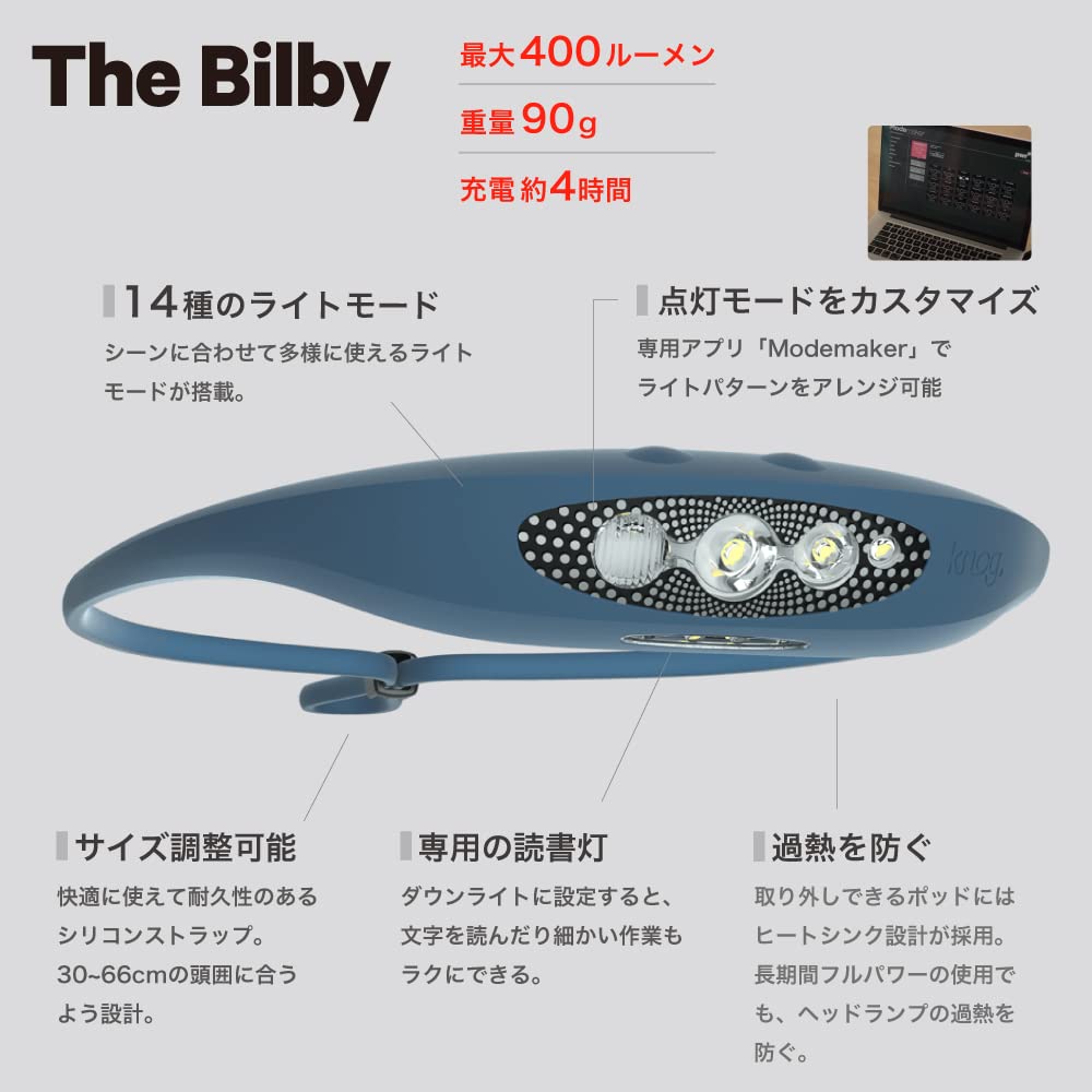 Japanese KNOG BILBY Silicone 400 USB [Official Product] Headlamp, Lumens, Waterproof, Rechargeable, Black, 30-70cm