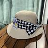 Rhinestone checkerboard bow sun straw hat women's summer straw shading hat seaside beach bucket hat basin hat
