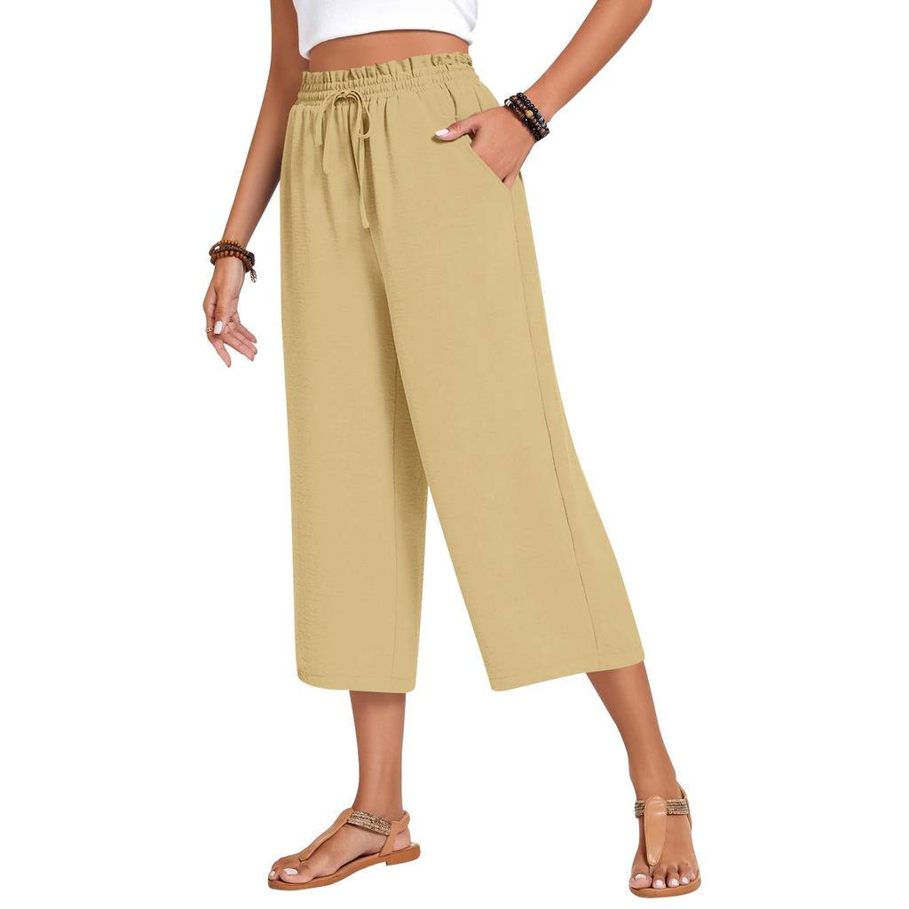 Damen Square Pocket Elastischer Bund Cropped Hose Lässige Baumwoll- und Leinenhose