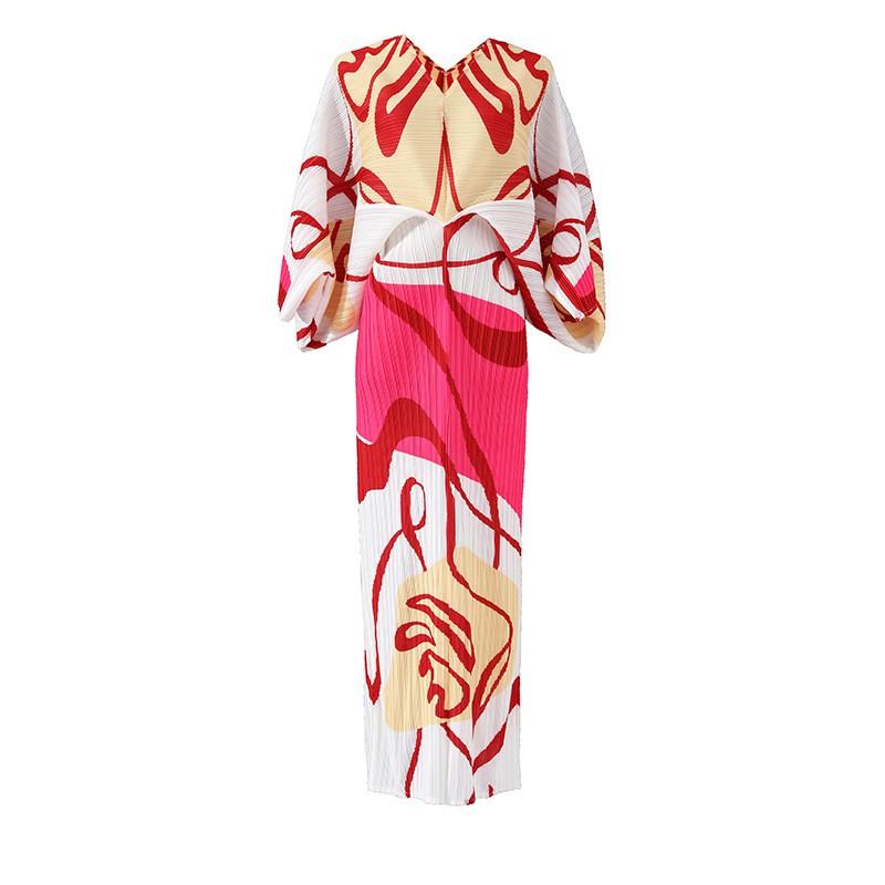 Elegant Pleated Print Batwing Sleeve Wrap Dress V-Neck Loose Fit Midi To Maxi Length Women