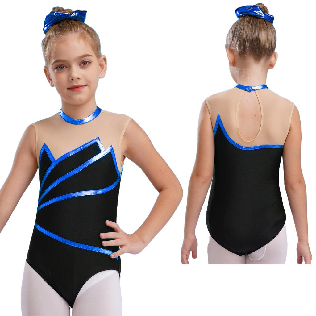 Girls Gymnastics Leotard: Metallic Striped Sheer Mesh Patchwork Keyhole Back Sleeveless Bodysuit for Dance Performance